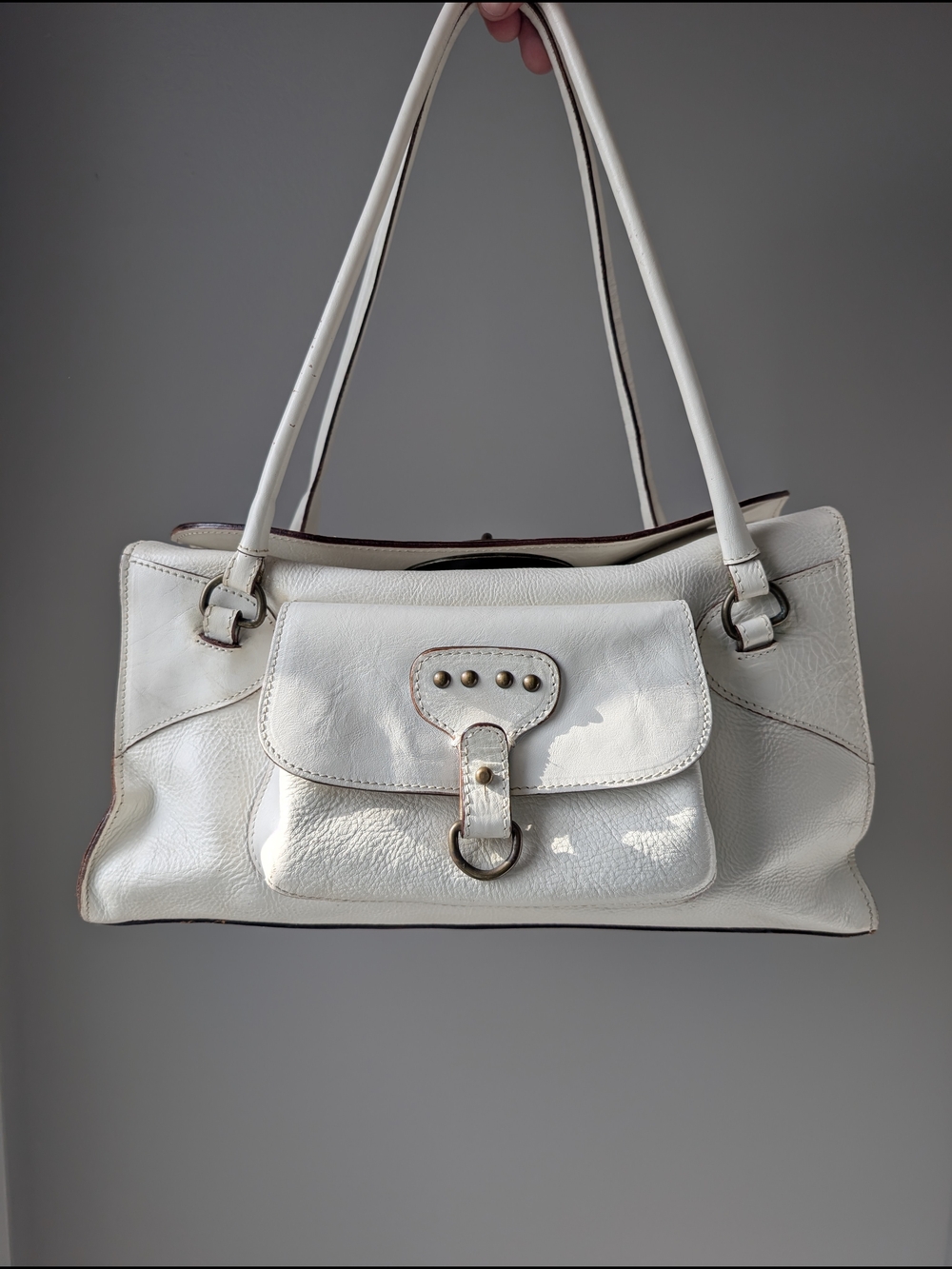 Paolo Masi White Leather Shoulder Bag with Front Flap Pocket